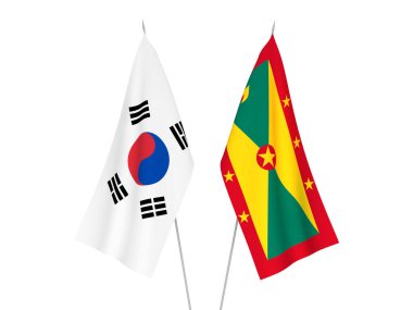 Beyaz arka planda Güney Kore ve Grenada 'nın ulusal kumaş bayrakları izole edildi. 3d resimleme.