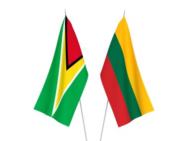 Beyaz arka planda Litvanya 'nın ulusal kumaş bayrakları ve Guyana Kooperatif Cumhuriyeti izole edildi. 3d resimleme.