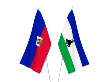 Beyaz arka planda Lesotho ve Haiti Cumhuriyeti 'nin ulusal kumaş bayrakları izole edildi. 3d resimleme.