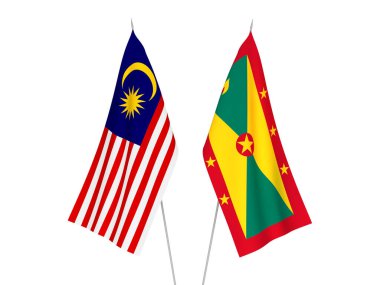 Beyaz arka planda Malezya ve Grenada 'nın ulusal kumaş bayrakları izole edildi. 3d resimleme.