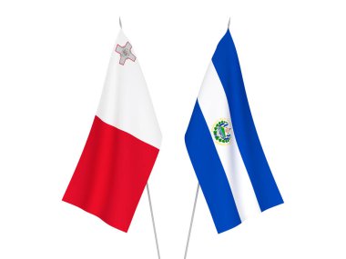 Beyaz arka planda El Salvador ve Malta Cumhuriyeti bayrakları izole edildi. 3d resimleme.