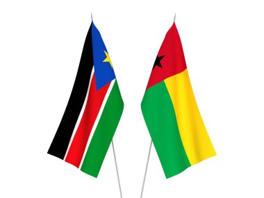 Güney Sudan Cumhuriyeti ve Gine Bissau Cumhuriyeti bayrakları beyaz arka planda izole edilmiştir. 3d resimleme.