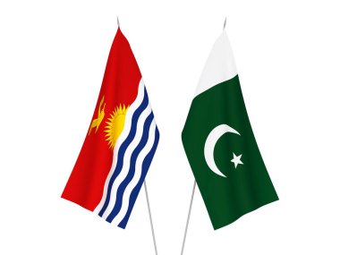 Beyaz arka planda Pakistan ve Kiribati Cumhuriyeti 'nin ulusal kumaş bayrakları izole edildi. 3d resimleme.