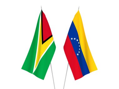 Guyana Kooperatif Cumhuriyeti ve Venezuela 'nın ulusal kumaş bayrakları beyaz arka planda izole edildi. 3d resimleme.
