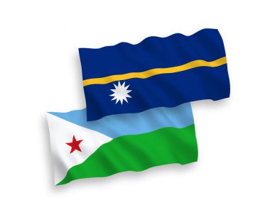 Nauru Cumhuriyeti ve Cibuti Cumhuriyeti 'nin ulusal taşıyıcı kumaş bayrakları beyaz arka planda izole edildi. 1 'e 2 oranında.