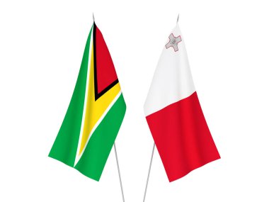 Guyana ve Malta Kooperatif Cumhuriyeti bayrakları beyaz arka planda izole edildi. 3d resimleme.
