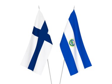 El Salvador ve Finlandiya Cumhuriyeti bayrakları beyaz arka planda izole edilmiştir. 3d resimleme.