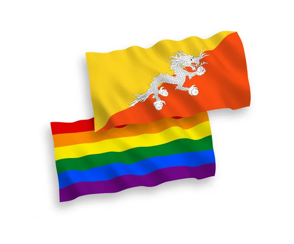 Zászló Királyság Bhután és szivárvány meleg büszkeség fehér alapon — Stock Vector