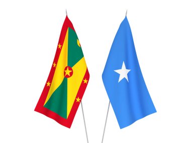 Beyaz arka planda Somali ve Grenada 'nın ulusal kumaş bayrakları izole edildi. 3d resimleme.