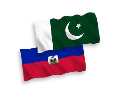 Beyaz arka planda, Haiti Cumhuriyeti ve Pakistan 'ın ulusal taşıyıcı kumaş bayrakları izole edildi. 1 'e 2 oranında.