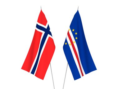 Norveç ve Cabo Cumhuriyeti 'nin ulusal kumaş bayrakları beyaz arka planda izole edildi. 3d resimleme.