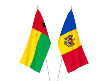 Beyaz arka planda Gine Bissau Cumhuriyeti ve Moldova 'nın ulusal kumaş bayrakları izole edildi. 3d resimleme.