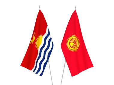 Kırgızistan 'ın ulusal kumaş bayrakları ve Kiribati Cumhuriyeti beyaz arka planda izole edildi. 3d resimleme.