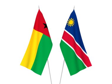 Beyaz arka planda Gine Bissau Cumhuriyeti ve Namibya Cumhuriyeti bayrakları izole edildi. 3d resimleme.