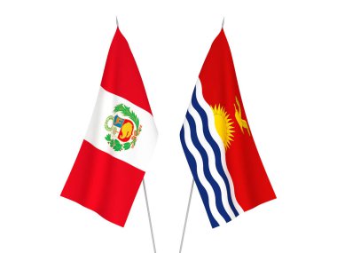 Beyaz arka planda Peru ve Kiribati Cumhuriyeti 'nin ulusal kumaş bayrakları izole edildi. 3d resimleme.