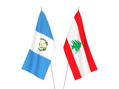 Beyaz arka planda Lübnan ve Guatemala Cumhuriyeti 'nin ulusal kumaş bayrakları izole edildi. 3d resimleme.