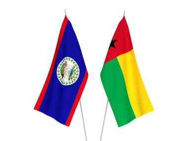 Beyaz arka planda Gine Bissau ve Belize 'nin ulusal kumaş bayrakları izole edildi. 3d resimleme.