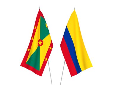 Beyaz arka planda Kolombiya ve Grenada 'nın ulusal kumaş bayrakları izole edildi. 3d resimleme.