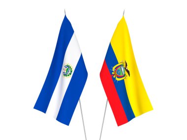Beyaz arka planda, Ekvador ve El Salvador Cumhuriyeti 'nin ulusal kumaş bayrakları izole edildi. 3d resimleme.