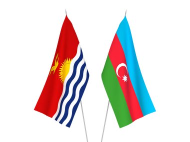 Beyaz arka planda Azerbaycan Cumhuriyeti ve Kiribati Cumhuriyeti 'nin ulusal kumaş bayrakları izole edildi. 3d resimleme.