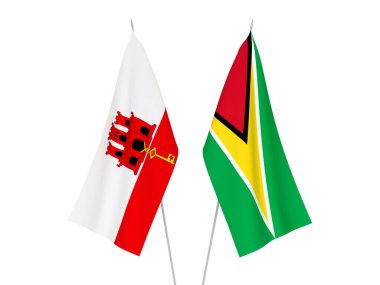 Beyaz arka planda Cebelitarık 'ın ulusal kumaş bayrakları ve Kooperatif Guyana Cumhuriyeti izole edildi. 3d resimleme.