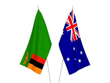 Avustralya ve Zambiya Cumhuriyeti 'nin ulusal kumaş bayrakları beyaz arka planda izole edildi. 3d resimleme.