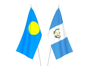 Beyaz arka planda Palau ve Guatemala Cumhuriyeti 'nin ulusal kumaş bayrakları izole edildi. 3d resimleme.