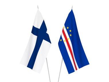 Cabo Verde ve Finlandiya 'nın ulusal kumaş bayrakları beyaz arka planda izole edilmiştir. 3d resimleme.