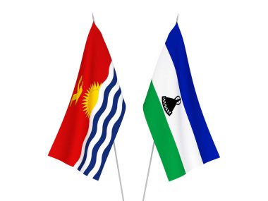 Beyaz arka planda Lesotho ve Kiribati Cumhuriyeti 'nin ulusal kumaş bayrakları izole edildi. 3d resimleme.