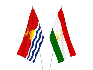Beyaz arka planda Tacikistan ve Kiribati Cumhuriyeti 'nin ulusal kumaş bayrakları izole edildi. 3d resimleme.