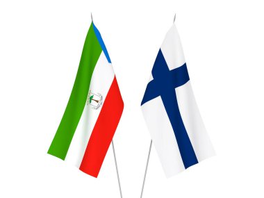 Ekvator Gine Cumhuriyeti ve Finlandiya 'nın ulusal kumaş bayrakları beyaz arka planda izole edilmiştir. 3d resimleme.