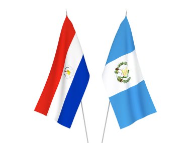 Beyaz arka planda Guatemala Cumhuriyeti ve Paraguay 'ın ulusal kumaş bayrakları izole edildi. 3d resimleme.