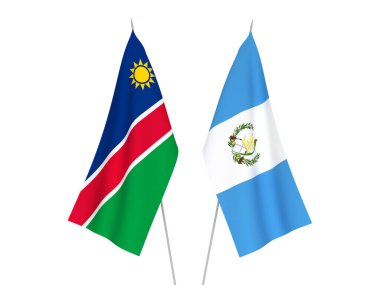 Beyaz arka planda Guatemala Cumhuriyeti ve Namibya Cumhuriyeti 'nin ulusal kumaş bayrakları izole edildi. 3d resimleme.