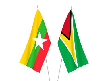 Beyaz arka planda Myanmar 'ın ulusal kumaş bayrakları ve Guyana Kooperatif Cumhuriyeti izole edildi. 3d resimleme.