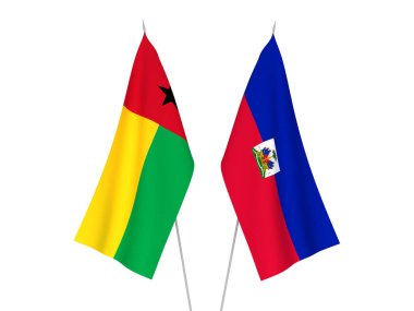 Beyaz arka planda Gine Bissau Cumhuriyeti ve Haiti Cumhuriyeti bayrakları izole edildi. 3d resimleme.