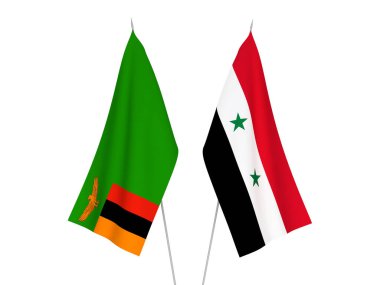 Beyaz arka planda Zambiya ve Suriye Cumhuriyeti 'nin ulusal kumaş bayrakları izole edildi. 3d resimleme.