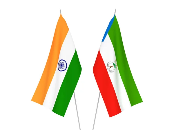 Національні Прапори Тканини Індії Республіки Екваторіальна Гвінея Ізольовані Білому Тлі — стокове фото