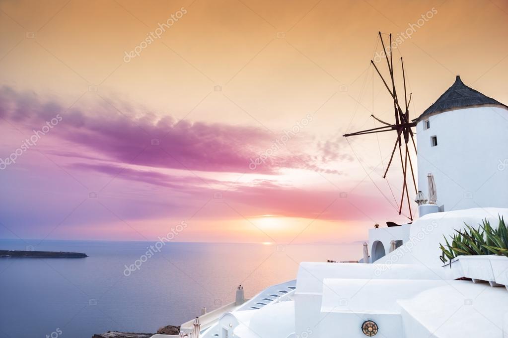 Beautiful and famous sunset on Santorini island, Greece