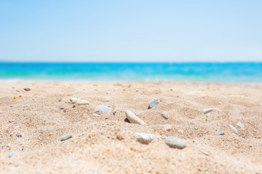 Arka plan beyaz kumları ve mavi deniz ile bulanık