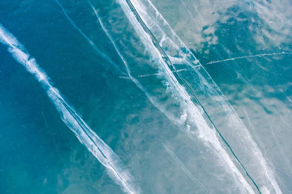 Textura Gelo Azul Com Rachaduras Lago Congelado Imagem Macro Inverno — Fotografia de Stock