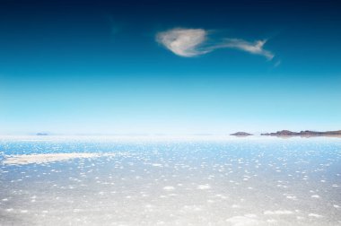 Bolivya 'daki Salar de Uyuni tuzunda su bulunan beyaz tuz yüzeyi. Güney Amerika manzaraları.