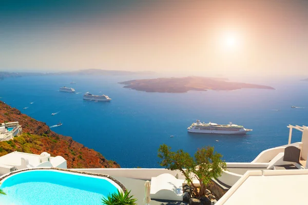 Arquitectura Blanca Mar Azul Isla Santorini Grecia Piscina Lujo Con — Foto de Stock