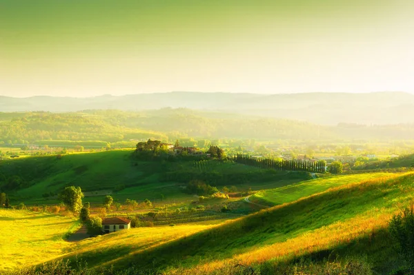 Colinas Verdes Atardecer Toscana Italia Hermoso Paisaje Verano Famoso Destino — Foto de Stock