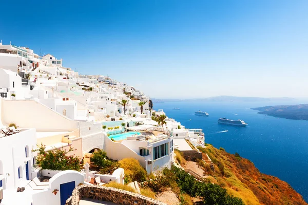 Biała Architektura Wyspie Santorini Grecja Letni Krajobraz Widok Morze Znany — Zdjęcie stockowe