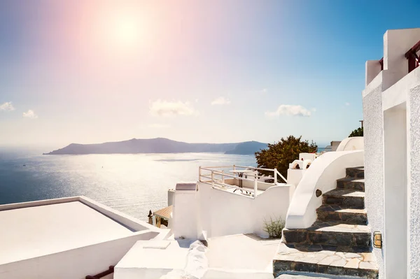 Biała Architektura Wyspie Santorini Grecja Letni Krajobraz Widok Morze Znany — Zdjęcie stockowe