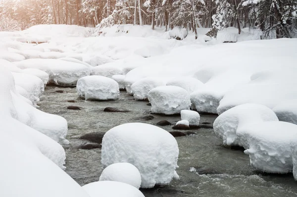 Nevicate sul fiume di montagna — Foto Stock