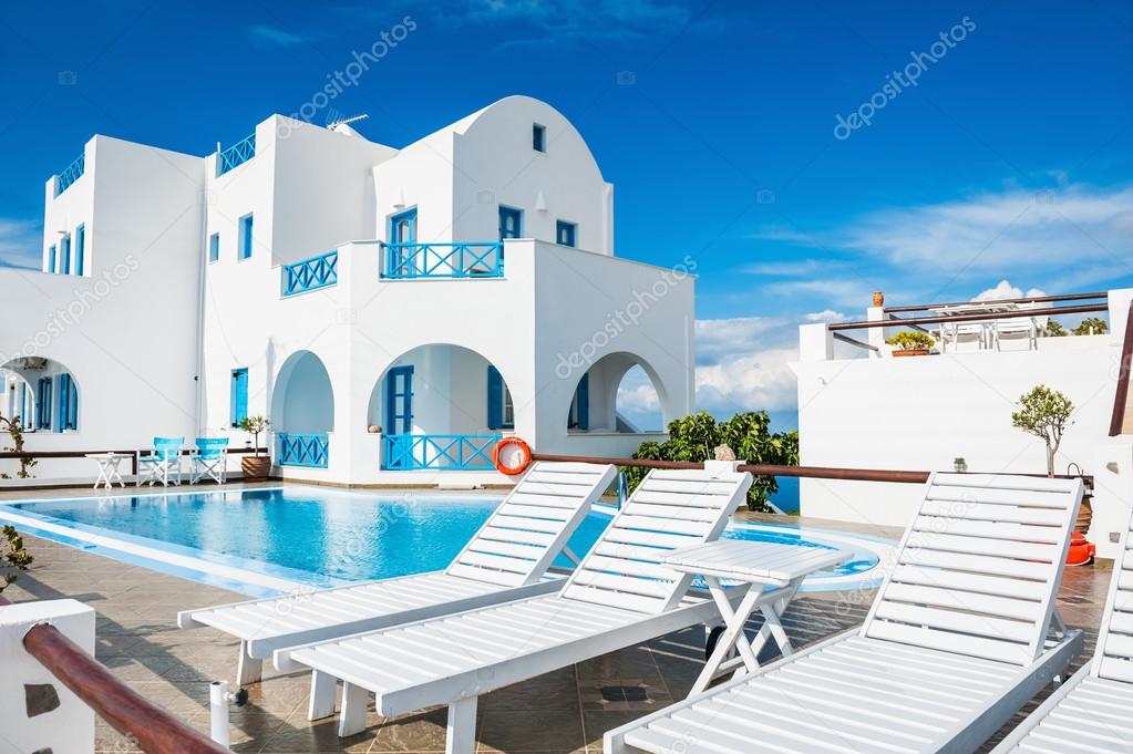 Beautiful luxury hotel with swimming pool.