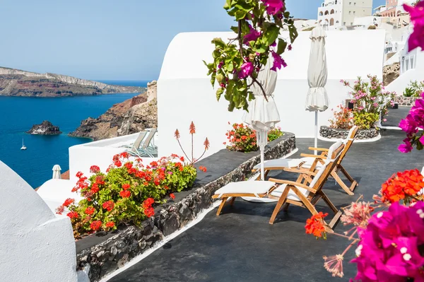 Красивая терраса с цветами с видом на море — стоковое фото