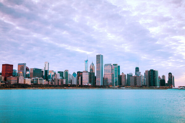 Chicago downtown cityscape at sunset