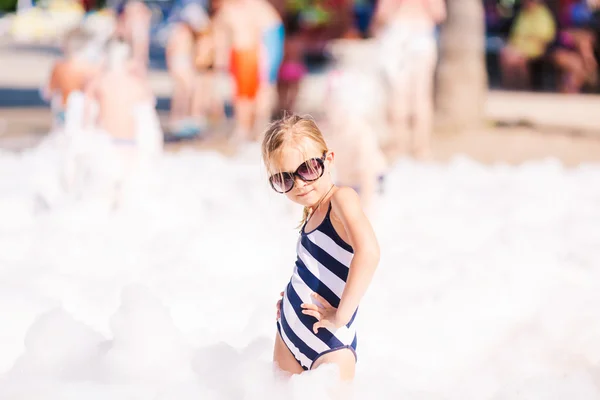 Foam Party Beach Cute Little Girl Having Fun Dancing — Stock Photo, Image